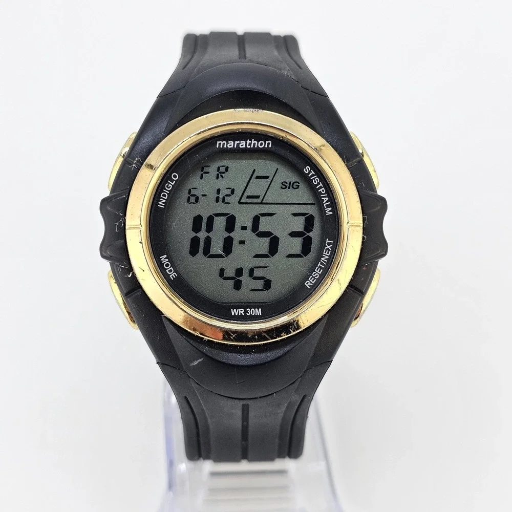 Marathon Unisex Digital Sports Watch 42MM Gold Bezel Black Plastic Bands Working